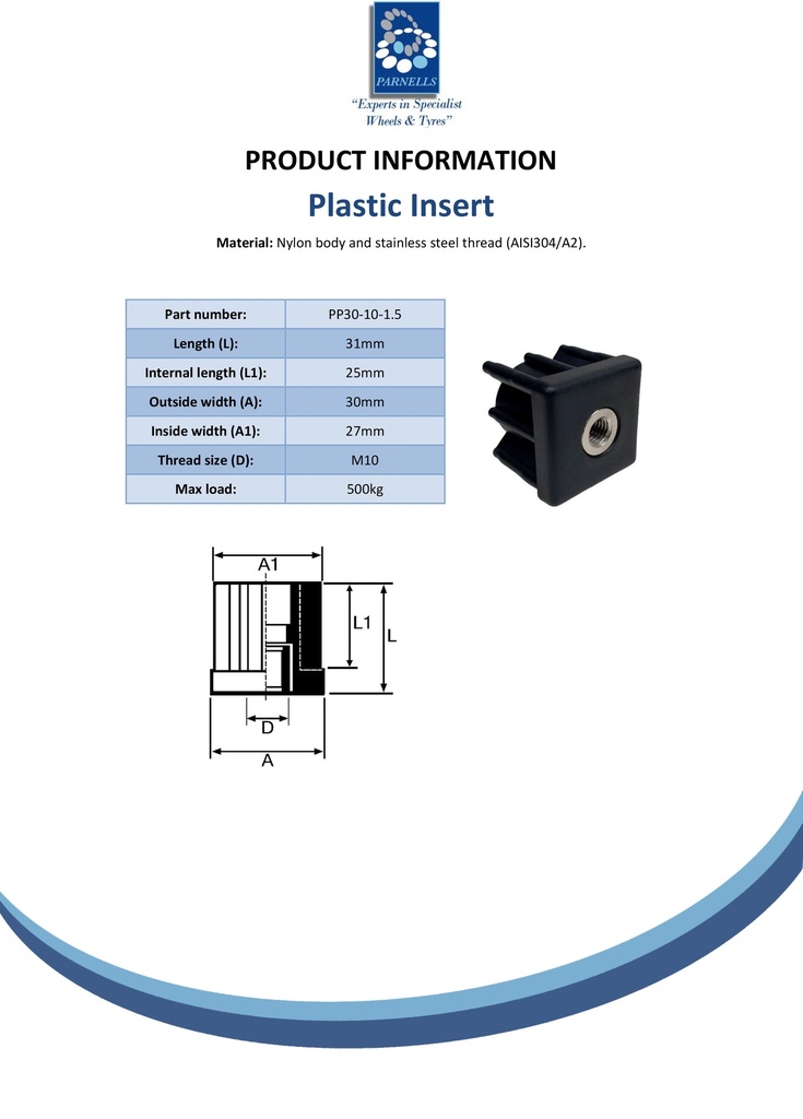 Threaded insert 30x30 M10 1.5mm 470kg - Spec sheet