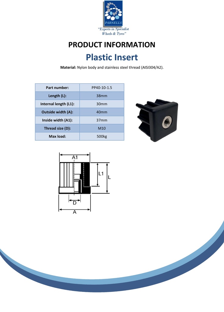 Threaded insert 40x40 M10 1.5mm 500kg - Spec sheet