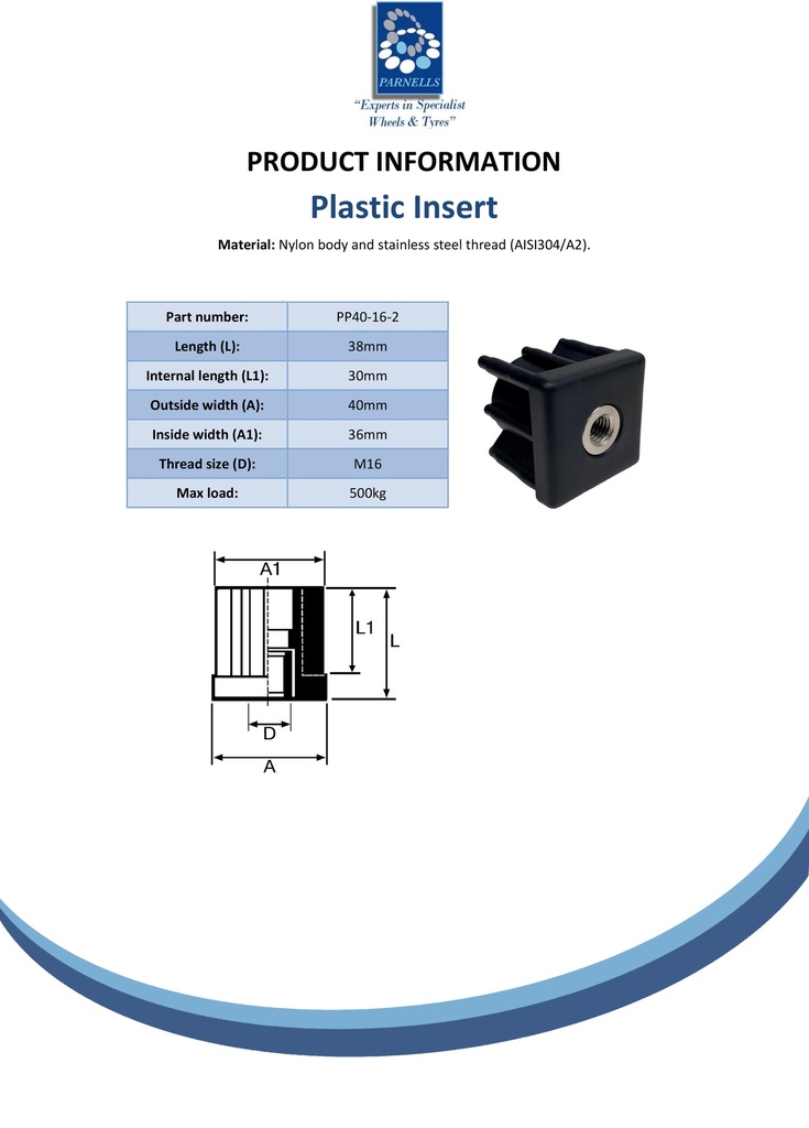 Threaded insert 40x40 M16 2mm 500kg - Spec sheet