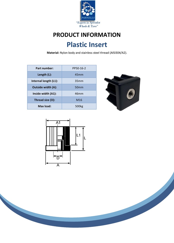 Threaded insert 50x50 M16 2mm 500kg - Spec sheet