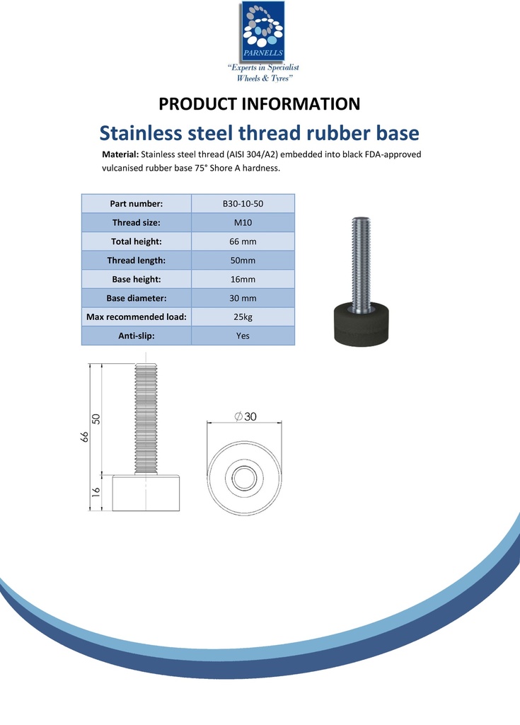 M10x50 Stainless levelling foot on 30mm soft black rubber base 60 shore 25kg AISI 304/A2 - Spec sheet