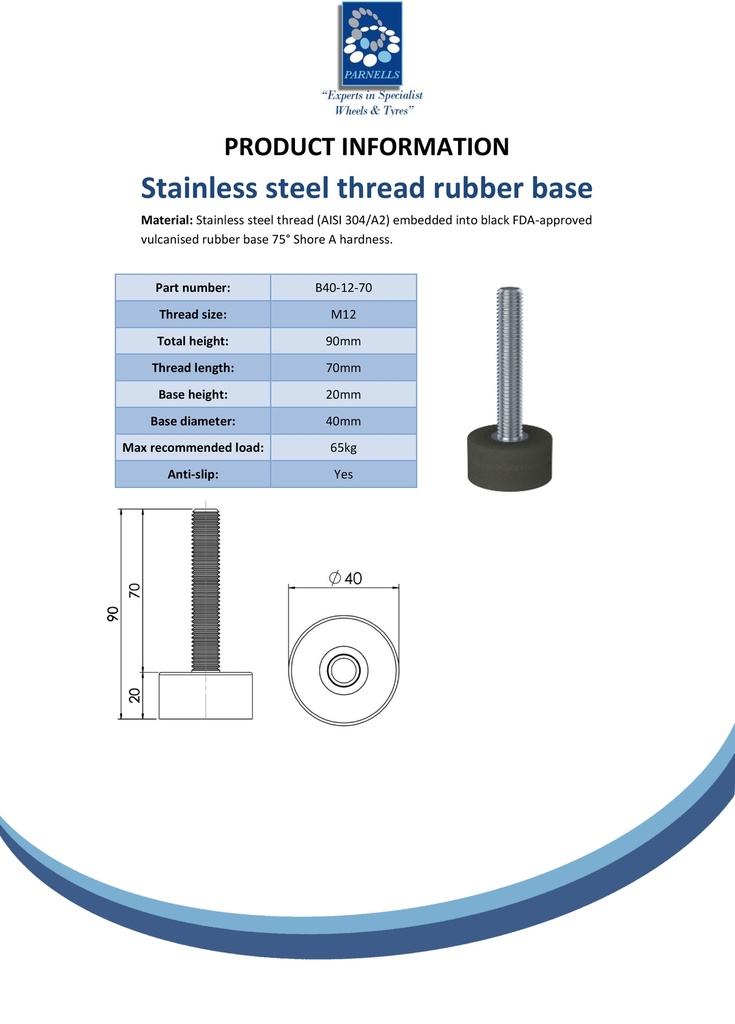 M12x70 Stainless levelling foot on 40mm soft black rubber base 60 shore 65kg AISI 304/A2 - Spec Sheet