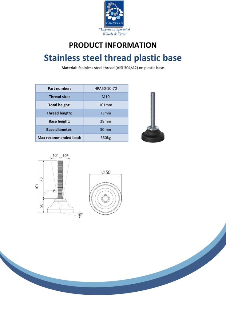 Stainless levelling foot M10x70 with 50mm plastic base 900kg AISI 304/A2 - Spec sheet
