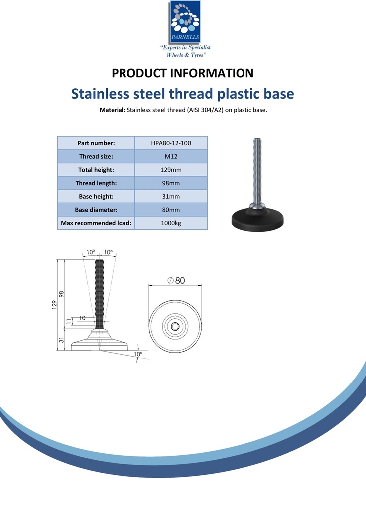 Stainless levelling foot M12x100 with 80mm plastic base 1000kg AISI 304/A2 - Spec sheet