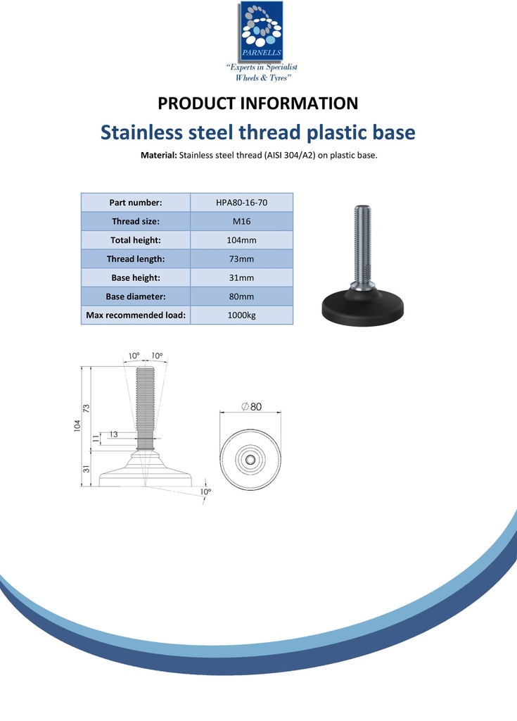 Stainless levelling foot M16x70 with 80mm plastic base 1000kg AISI 304/A2 - Spec sheet