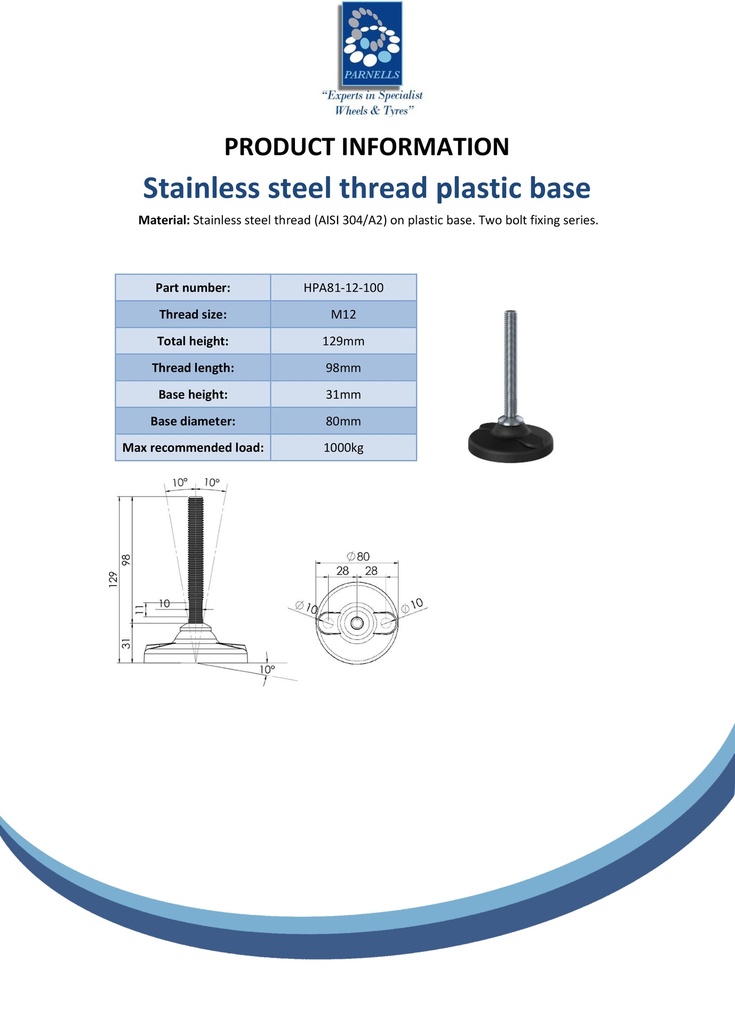Stainless levelling foot M12x100 with 80mm plastic base with holes 1000kg AISI 304/A2 - Spec sheet