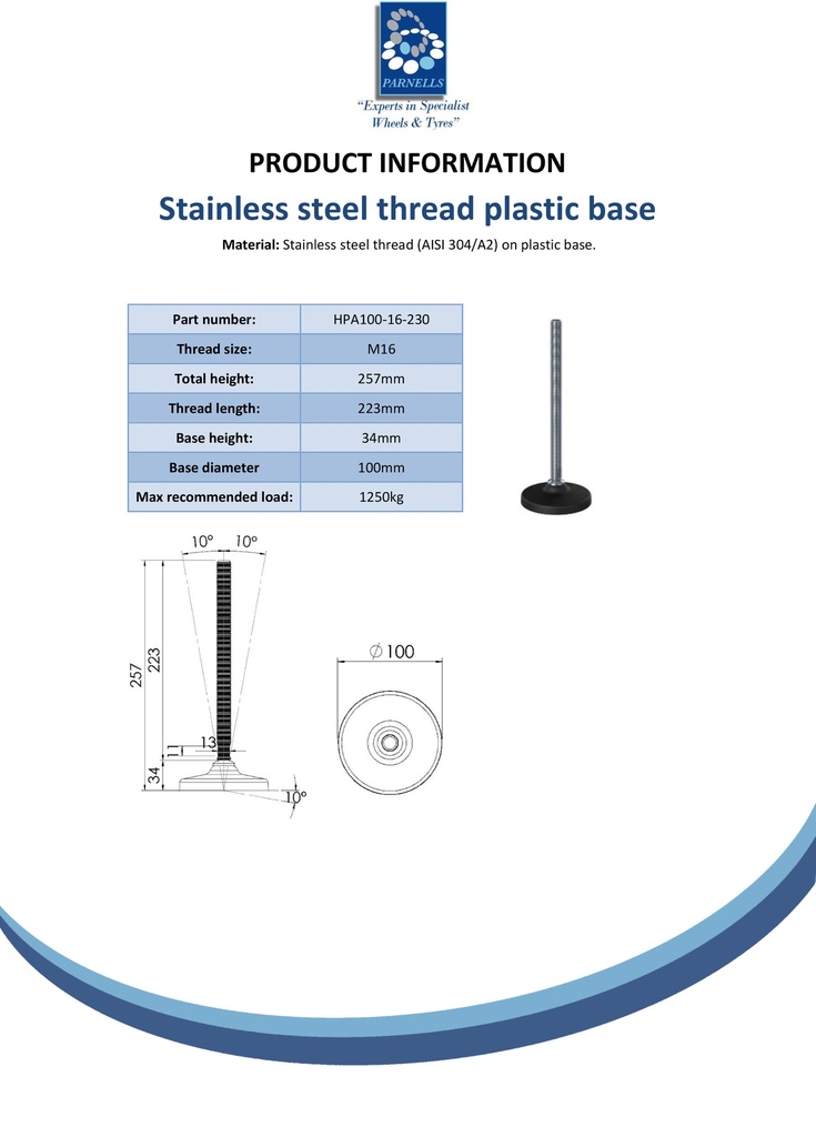 Stainless levelling foot M16x230 with100mm plastic base 1500kg AISI 304/A2 - Spec sheet