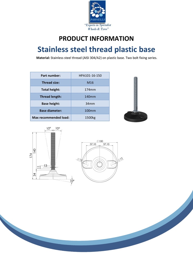 Stainless levelling foot M16x150 with100mm plastic base with holes 1500kg AISI 304/A2 - Spec sheet