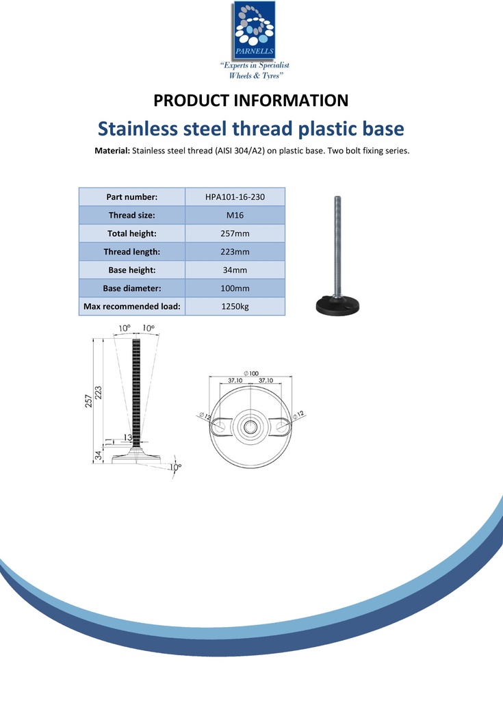 Stainless levelling foot M16x230 with 100mm plastic base with holes 1500kg AISI 304/A2 - Spec sheet