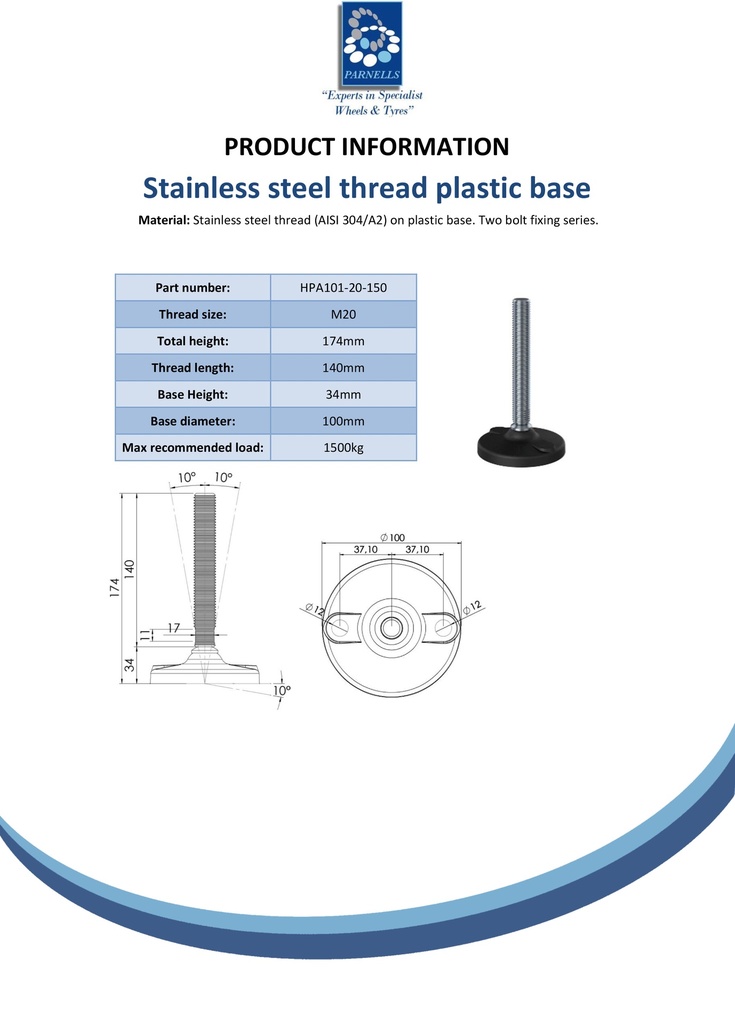 Stainless levelling foot M20x150 with 100mm plastic base with holes 1500kg AISI 304/A2 - Spec sheet
