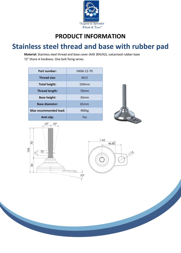 Stainless levelling foot M12x70 with 65mm stainless base with anti-vibration rubber pad & fixing tab 900kg AISI 304/A2 - Spec sheet