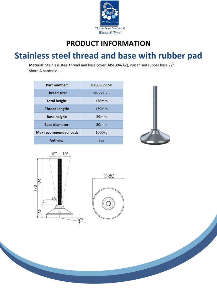 M12x150 Stainless levelling foot 80mm stainless base with anti-vibration rubber pad 1000kg AISI 304/A2 Spec Sheet