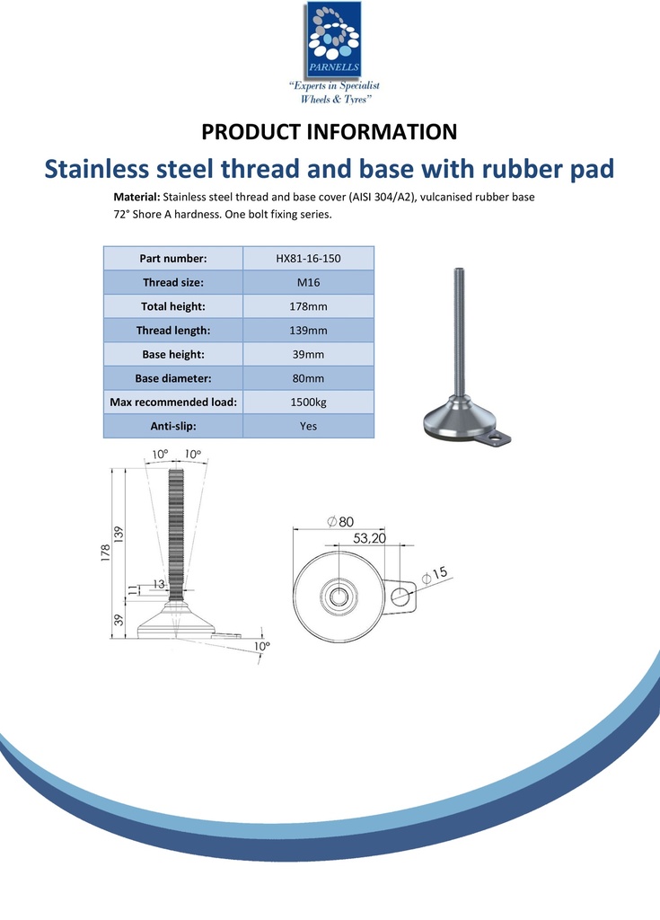 Stainless levelling foot M16x150 with 80mm stainless base with anti-vibration rubber pad & fixing tab 1500kg AISI 304/A2 - Spec sheet