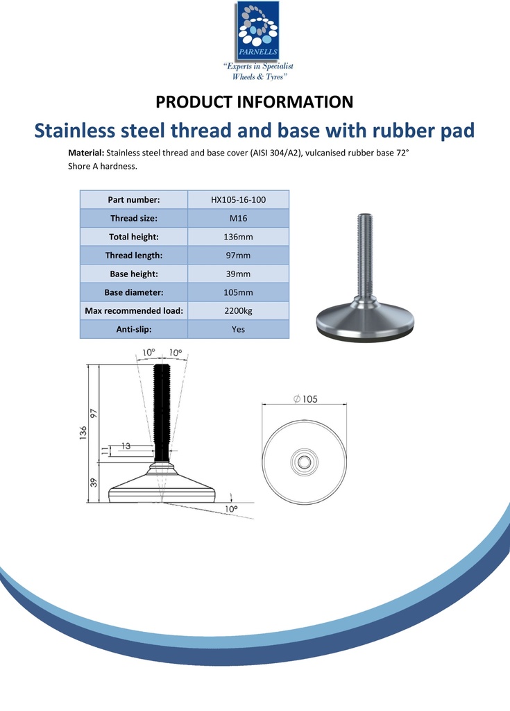 M16x100 Stainless levelling foot 105mm stainless base with anti-vibration rubber pad 2200kg AISI 304/A2 - Spec sheet