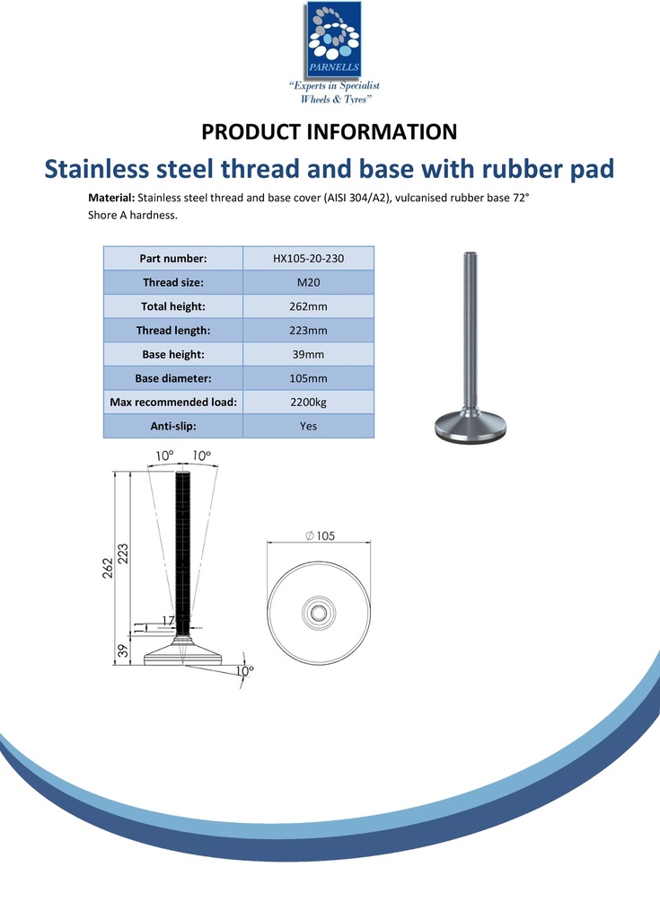 M20x230 Stainless levelling foot 105mm stainless base with anti-vibration rubber pad 2200kg AISI 304/A2 - Spec sheet