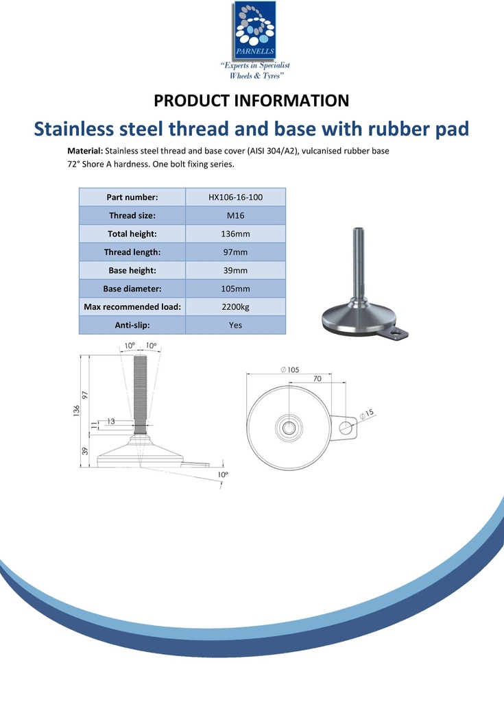 M16x100 Stainless levelling foot 105mm stainless base with anti-vibration rubber pad 2200kg AISI 304/A2 - Spec sheet
