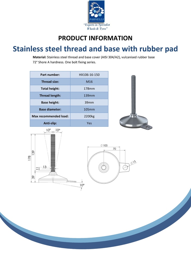 Stainless levelling foot M16x150 with 105mm stainless base with anti-vibration rubber pad 2200kg AISI 304/A2 - Spec sheet