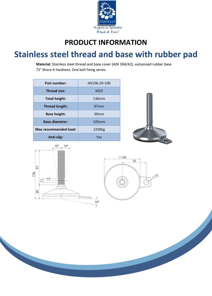 M20x100 Stainless levelling foot 105mm stainless base with anti-vibration rubber pad 2200kg AISI 304/A2 - Spec sheet