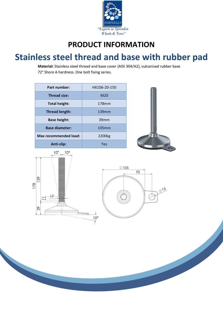 Stainless levelling foot M20x150 with 105mm stainless base with anti-vibration rubber pad  & fixing tab  2200Kg AISI 304/A2 - Spec sheet