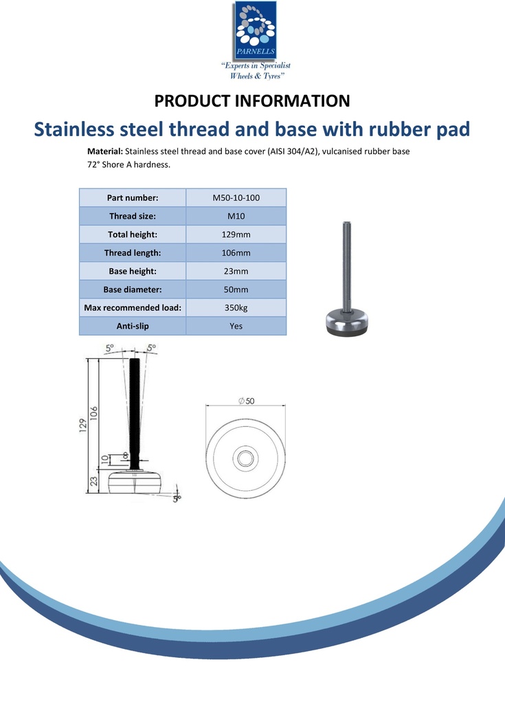 M10x100 Stainless levelling foot 50mm stainless base with anti-vibration rubber pad 400kg AISI 304/A2 - Spec sheet