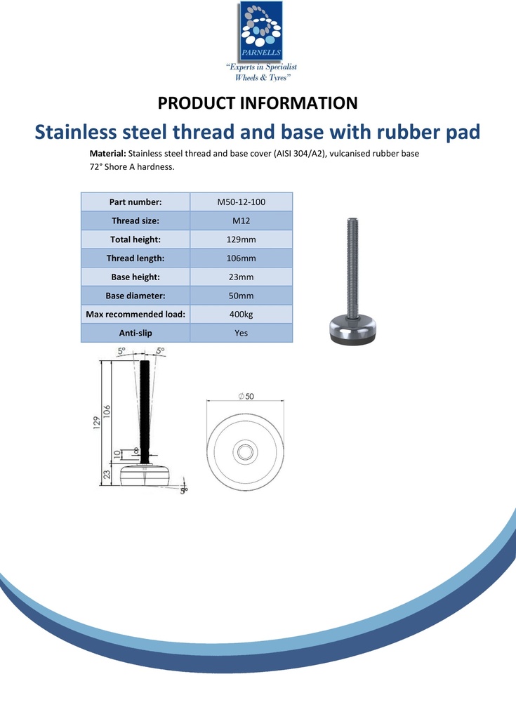 M12x100 Stainless levelling foot 50mm stainless base with anti-vibration rubber pad 400kg AISI 304/A2 - Spec sheet