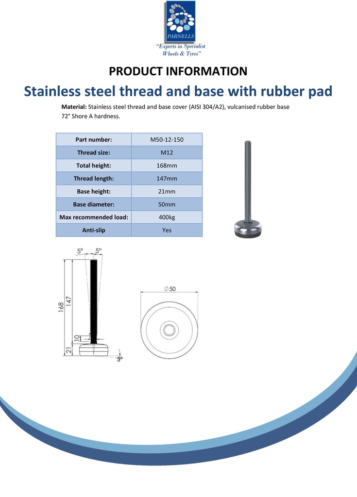 M12x150 Stainless levelling foot 50mm stainless base with anti-vibration rubber pad 400kg AISI 304/A2 - Spec sheet