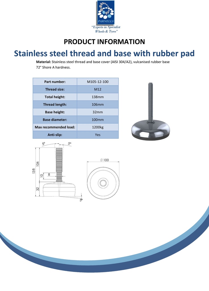 M12x100 Stainless levelling foot 105mm stainless base with anti-vibration rubber pad 1200kg AISI 304/A2 - Spec sheet