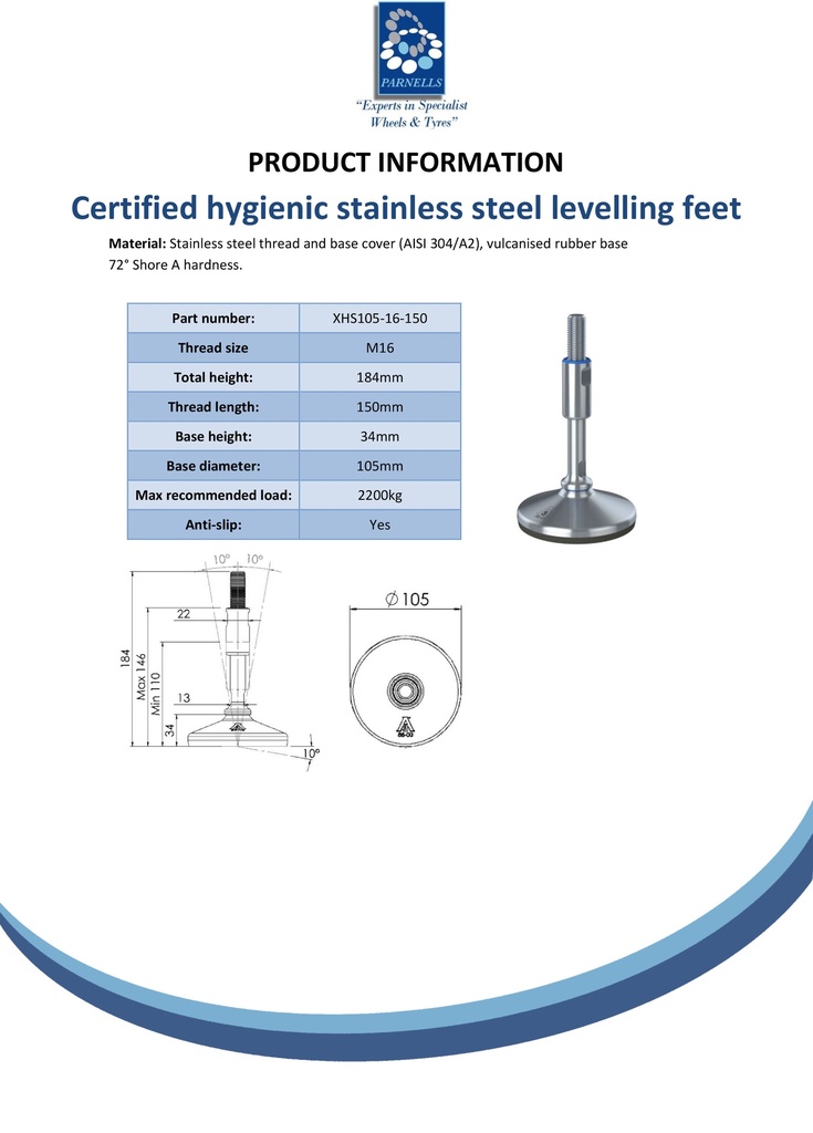 M16x150 Stainless certified hygienic levelling foot 105mm stainless base with anti-vibration rubber pad 2200kg AISI 304/A2 - Spec sheet