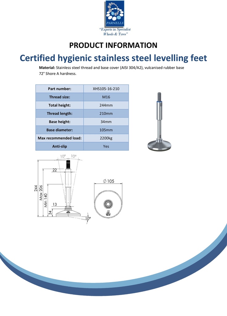 M16x210 Stainless certified hygienic levelling foot 105mm stainless base with anti-vibration rubber pad 2200kg AISI 304/A2 - Spec sheet