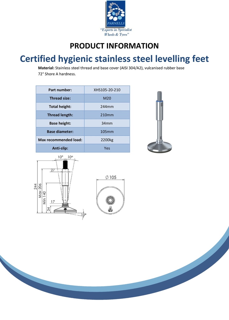 M20x210 Stainless certified hygienic levelling foot 105mm stainless base with anti-vibration rubber pad 2200kg AISI 304/A2 - Spec sheet