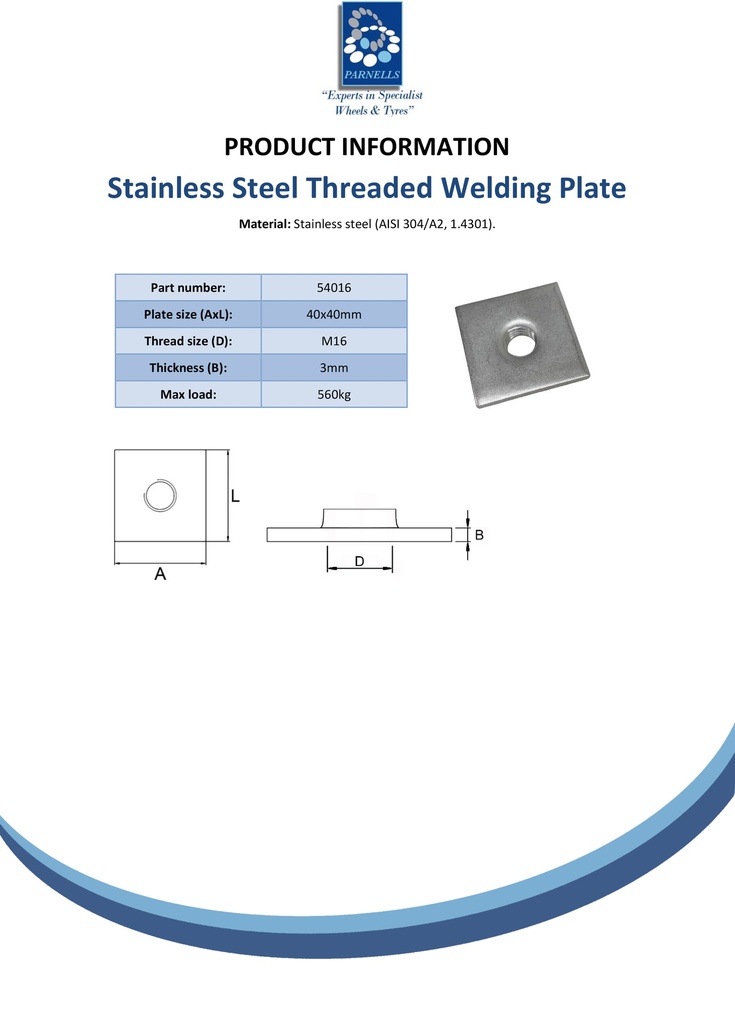 40x40x3mm M16 Stainless steel weld on plate AISI 304/A2 - Spec sheet