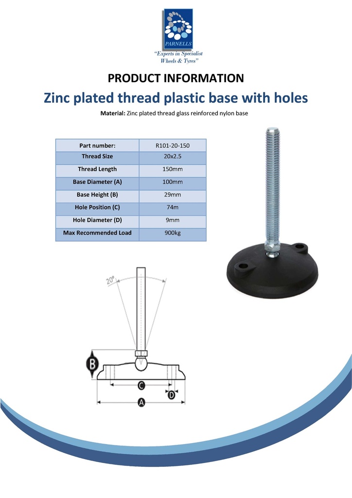 M20x150 Zinc plated levelling foot 100mm Spec Sheet plastic base with holes 900kg