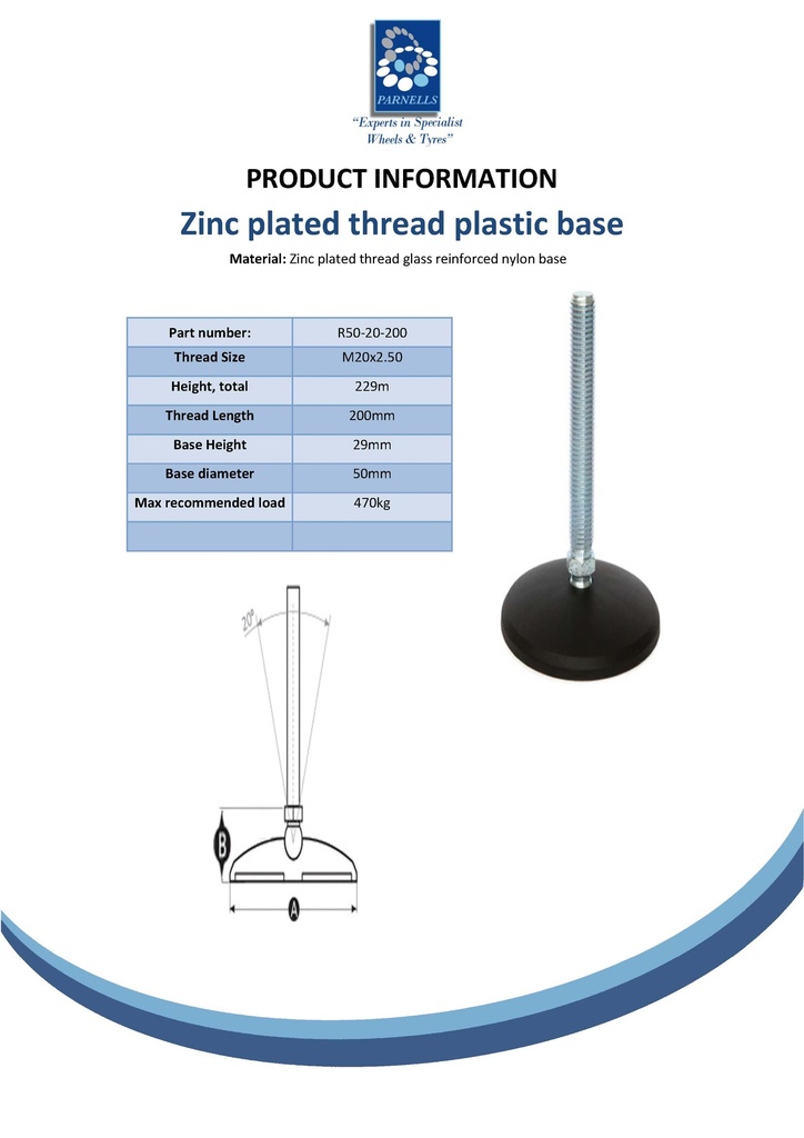 M20x200 Zinc plated levelling foot 50mm plastic base 470kg Spec Sheet
