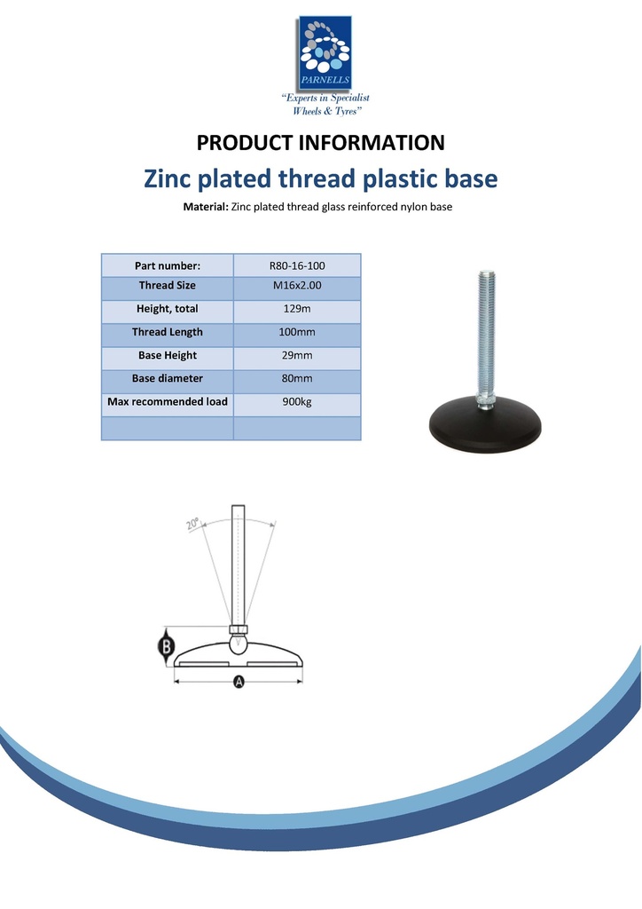 M16x100 Zinc plated levelling foot 80mm plastic base 900kg Spec Sheet