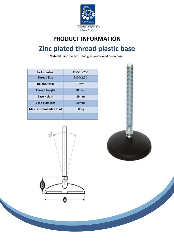 M20x200 Zinc plated levelling foot 80mm plastic base 900kg Spec Sheet