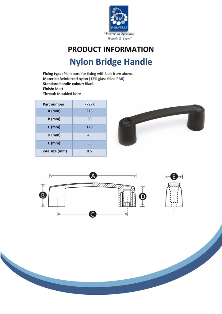 Nylon bridge handle - 179mm hole centre, bolts from above Spec Sheet
