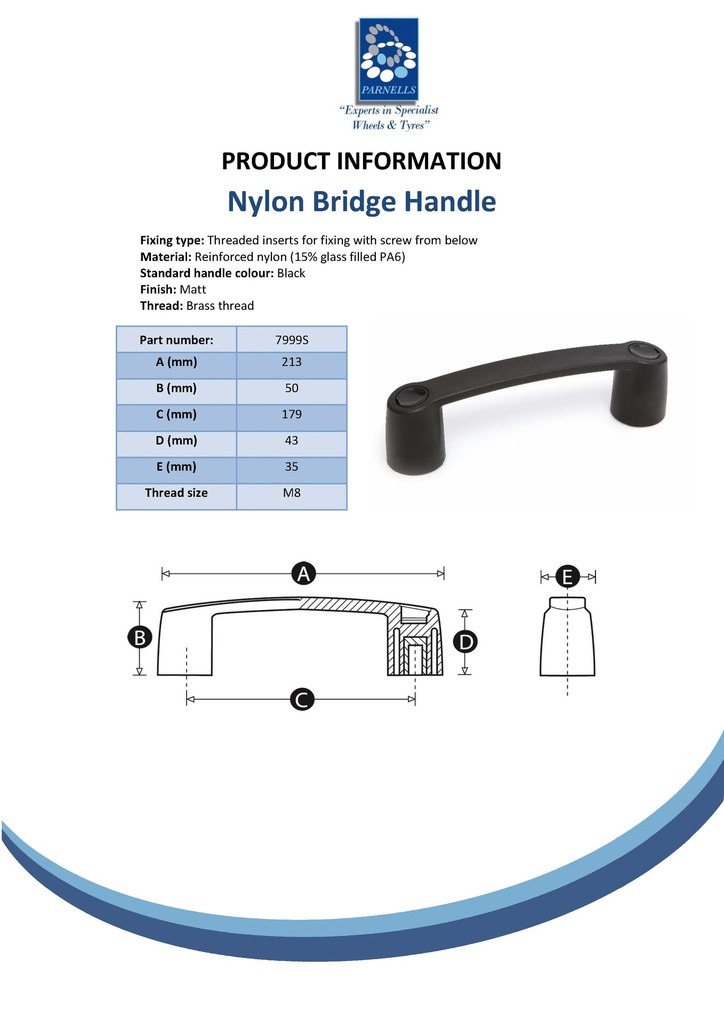 Nylon bridge handle - 179mm hole centre - M8 brass thread Spec Sheet