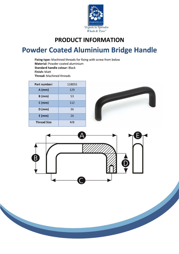 Aluminium Bridge Handle - 112mm hole centre - M8 thread Spec Sheet