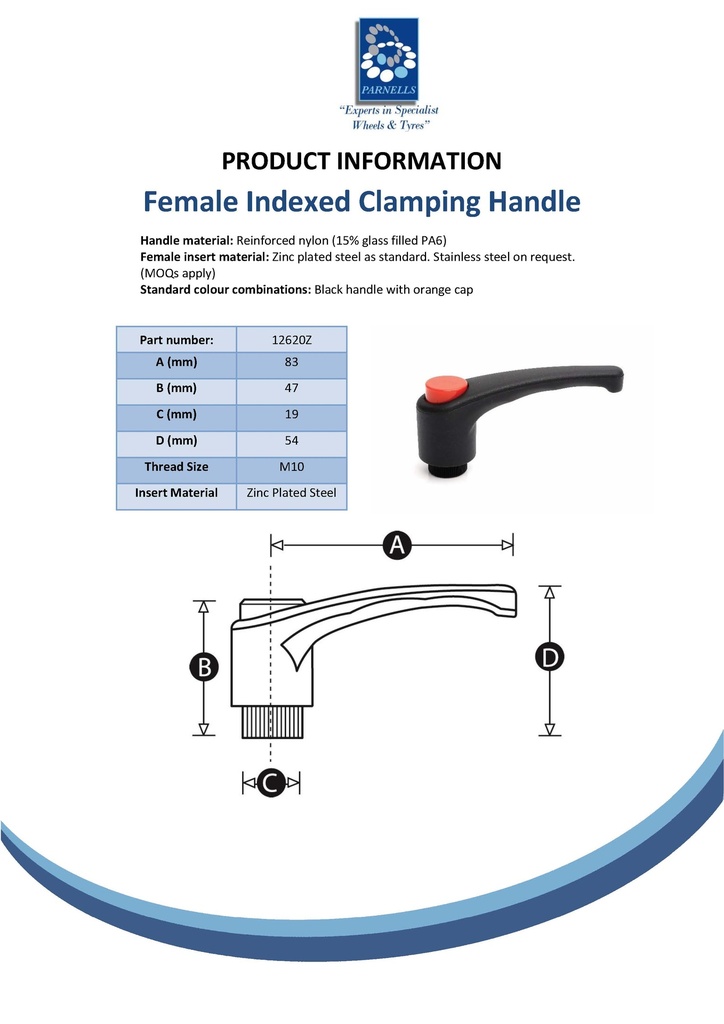 M10 Female Nylon clamping handle (zinc thread) Spec Sheet