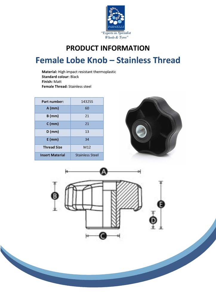 M12 female thermoplastic lobe knob (stainless steel insert) Spec Sheet