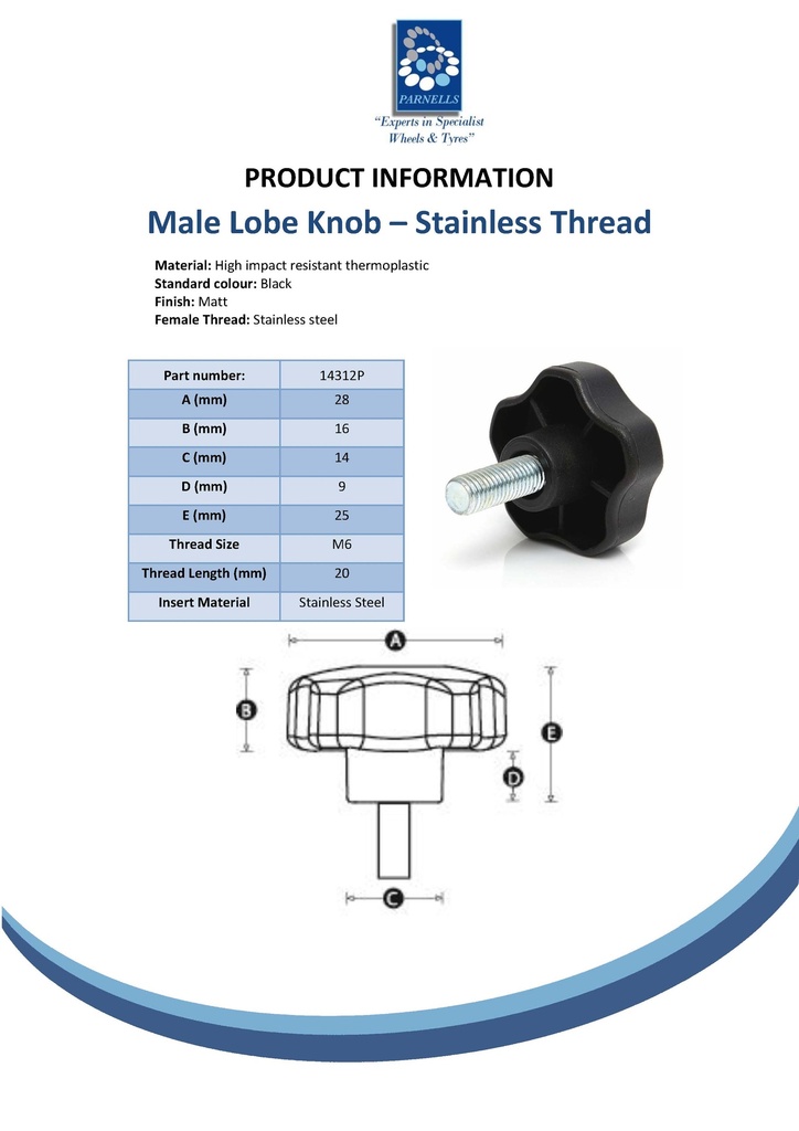 M6x20 Thermoplastic lobe knob (Stainless thread) Spec Sheet