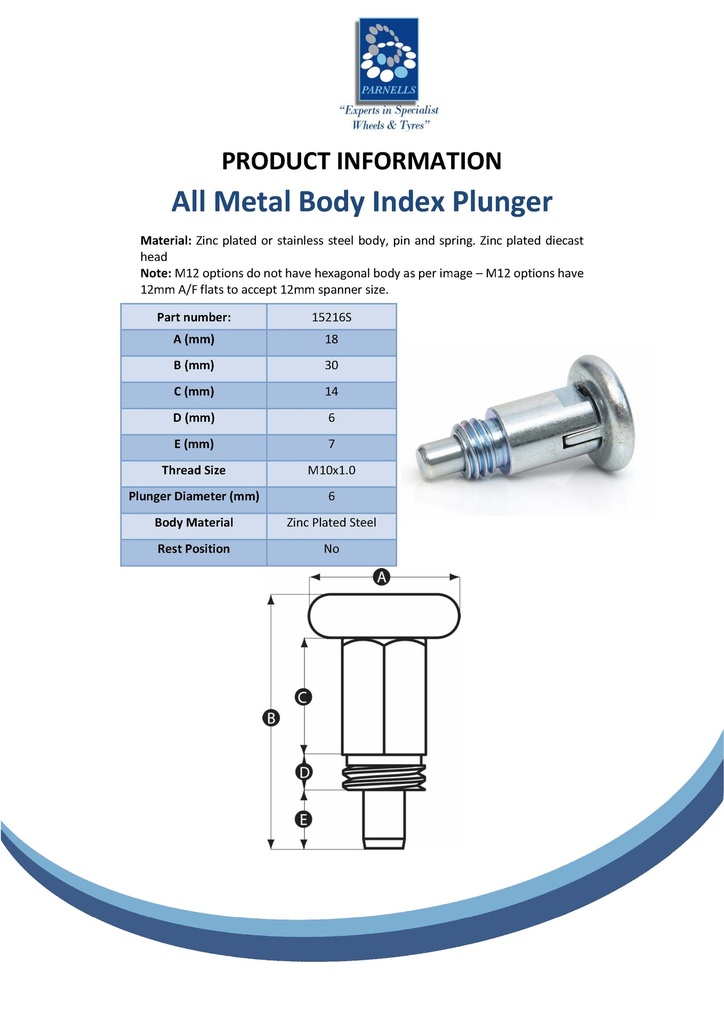 M10 Zinc plated Index plunger (6mm plunger diameter) Spec Sheet