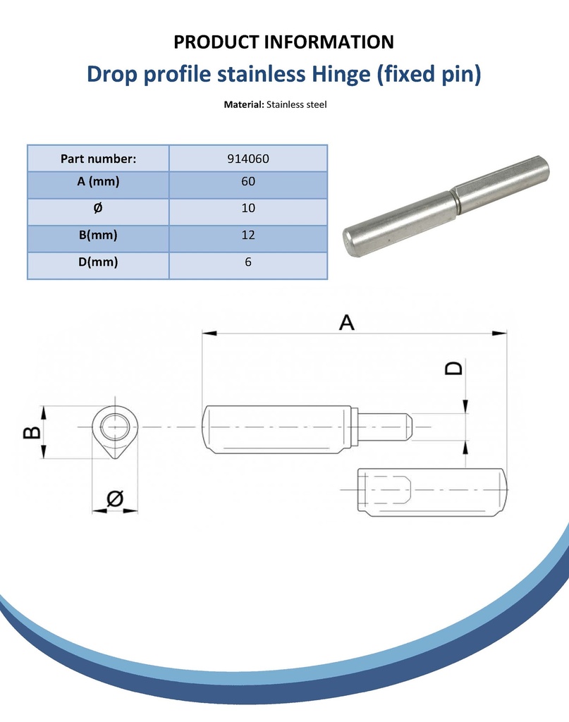 60x10mm Ø Drop profile stainless steel hinge Spec Sheet