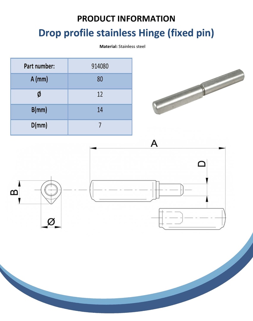 80x12mm Ø Drop profile stainless steel hinge Spec Sheet
