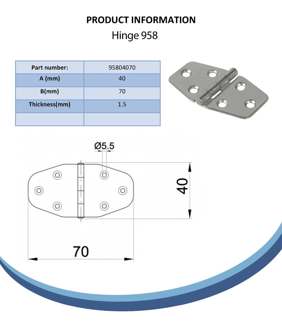 40x70mm Hinge stainless steel 304 Spec Sheet