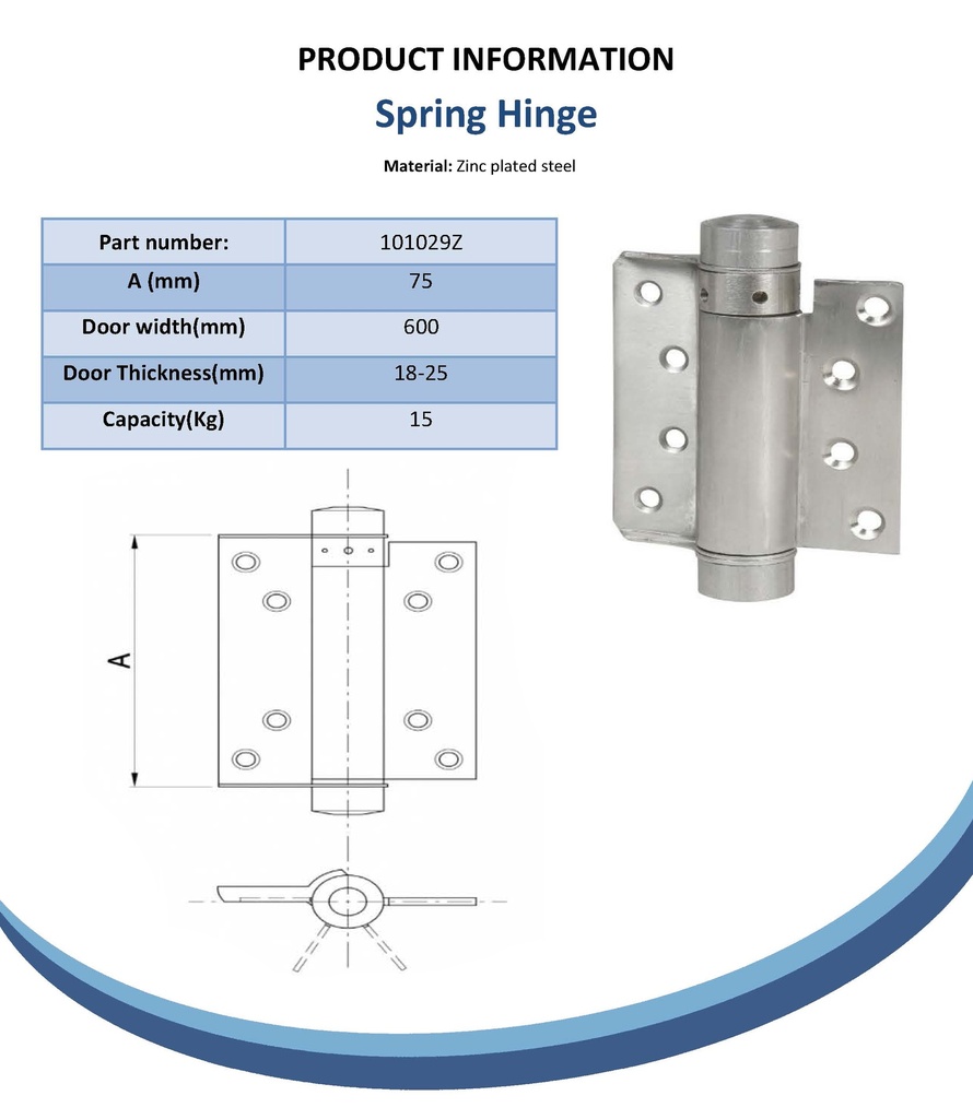 75mm Spring hinge zinc plated Spec Sheet
