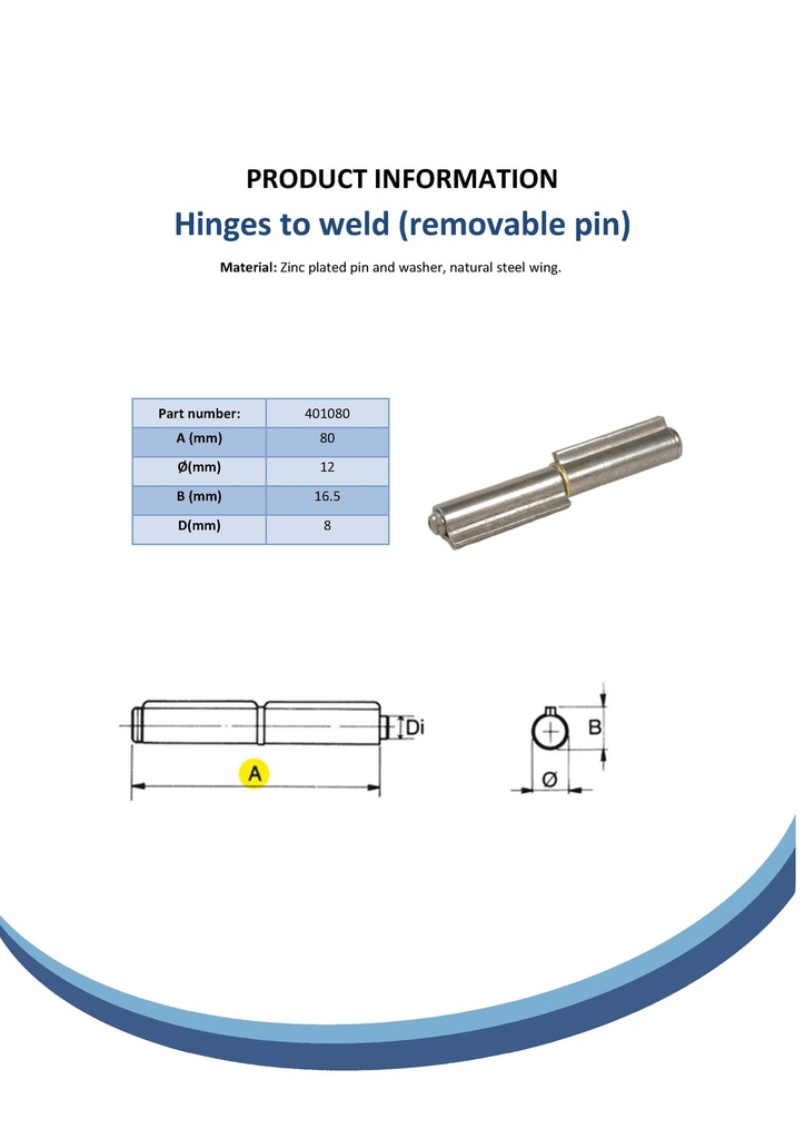 60mm Steel weldable hinge, removable pin Spec Sheet
