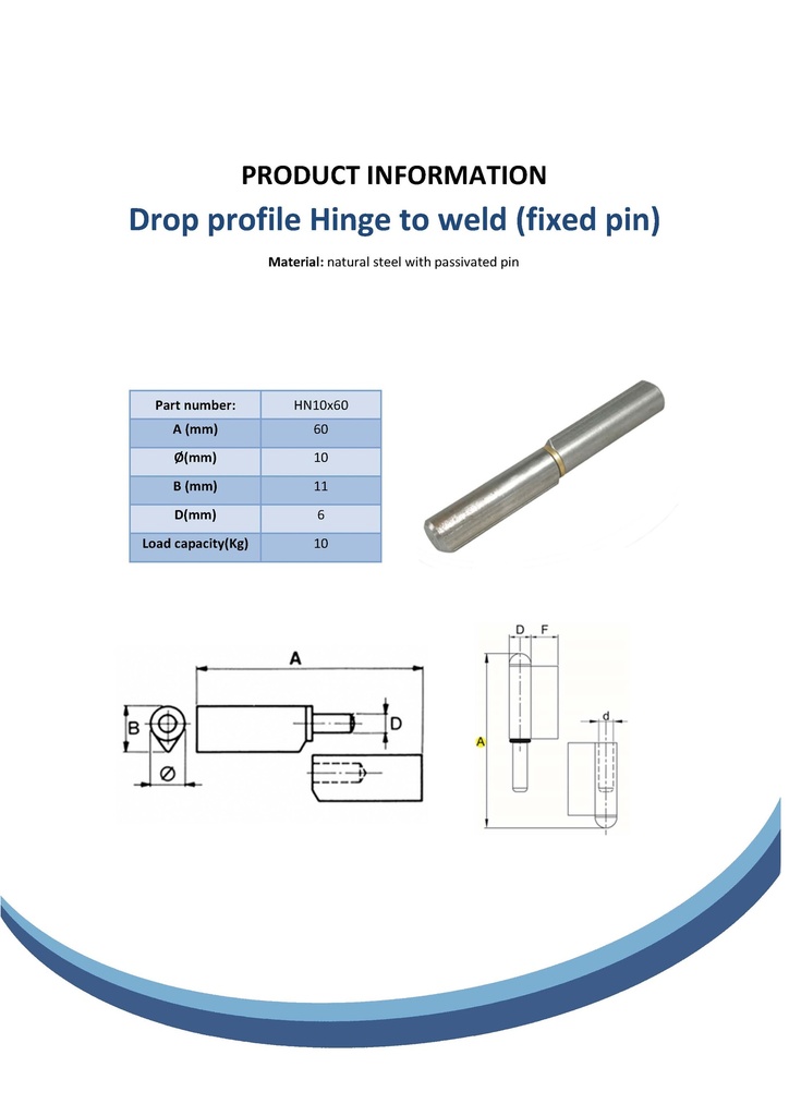 60mm Steel drop profile weldable hinge, fixed pin Spec Sheet