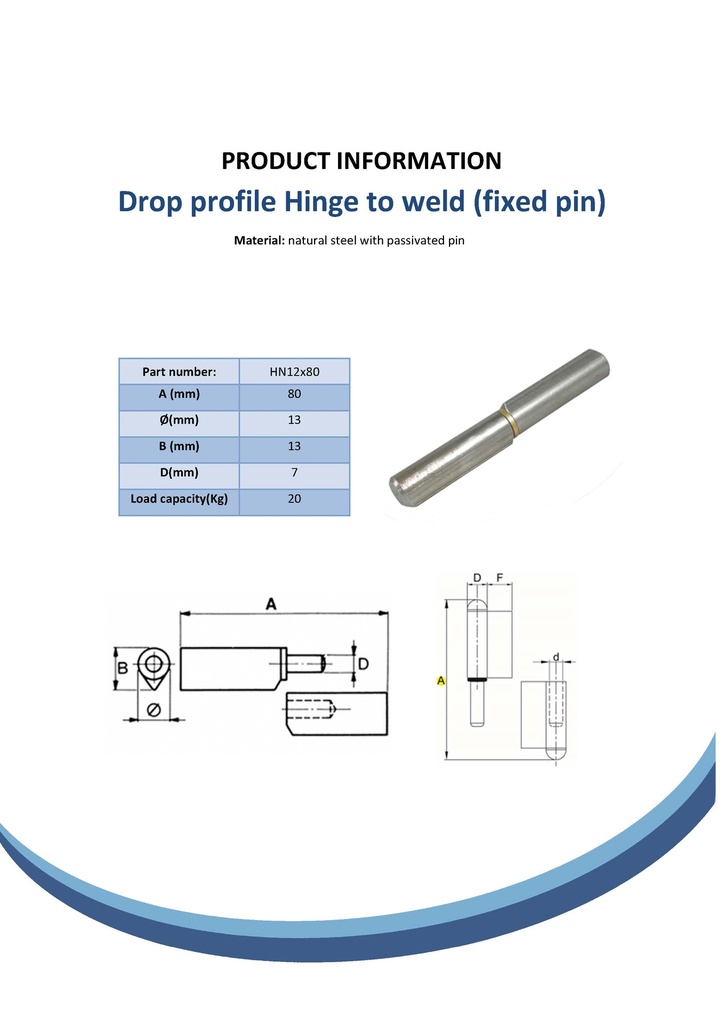 80mm Steel drop profile weldable hinge, fixed pin Spec Sheet