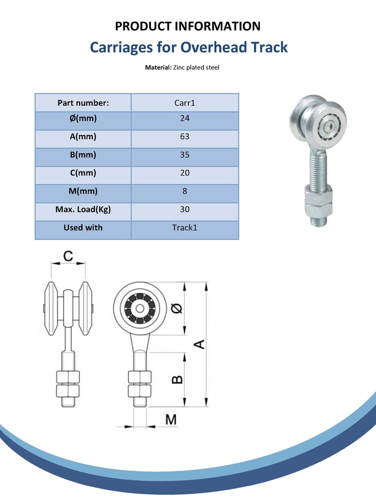 2 Wheel Carriage for overhead track #1(30kg each) Spec Sheet